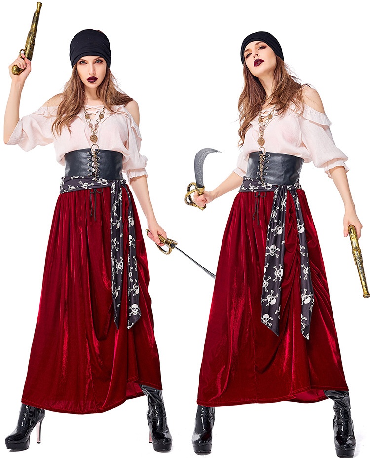 Women Caribbean Pirates Captain Costume Halloween Cosplay Suit Medoeval Gothic